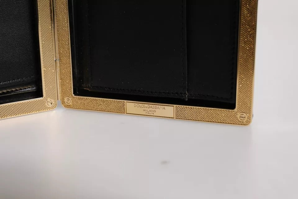 Black Leather Gold Frame Clutch Evening Party Purse Bag Aluminum Goat