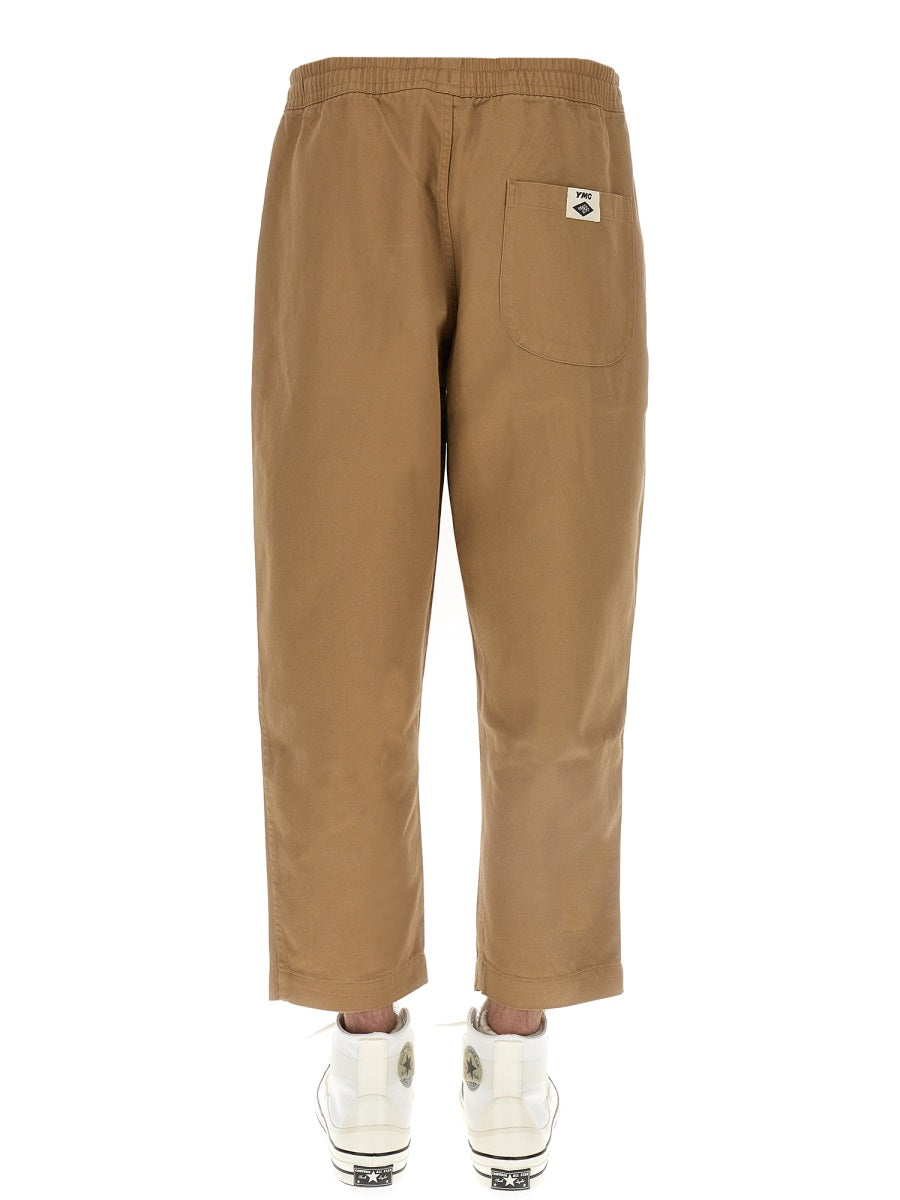 Cropped Pants With Elastic Waistband Beige Cotton Trousers