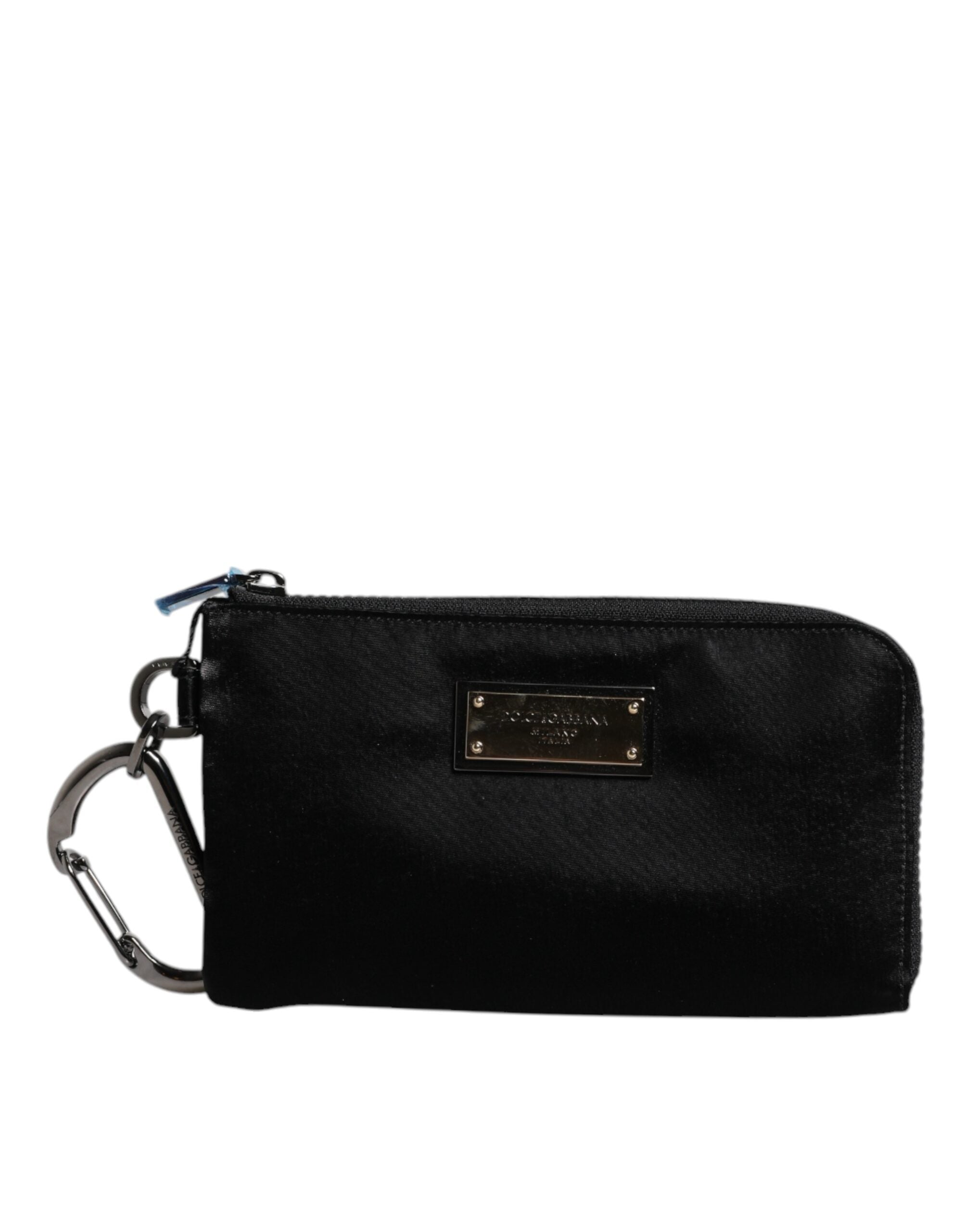 Black Nylon Logo Plaque Keyring Pouch Clutch Bag Leather