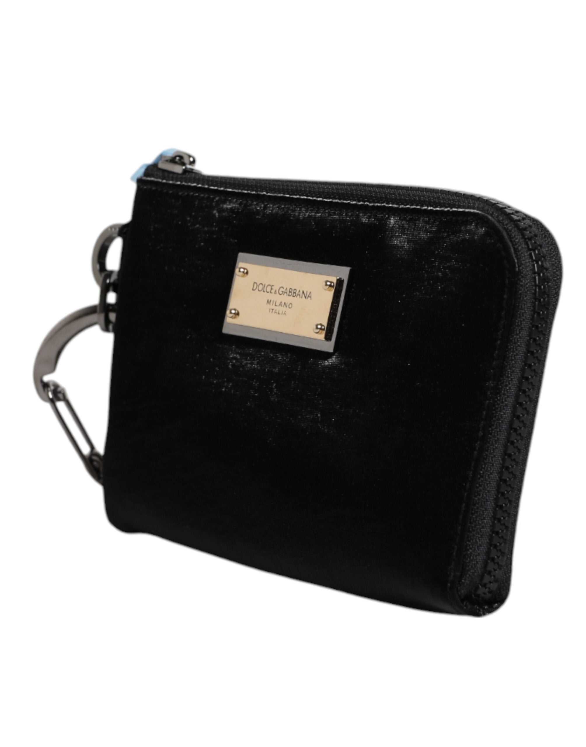 Black Nylon Logo Plaque Keyring Pouch Clutch Bag Leather