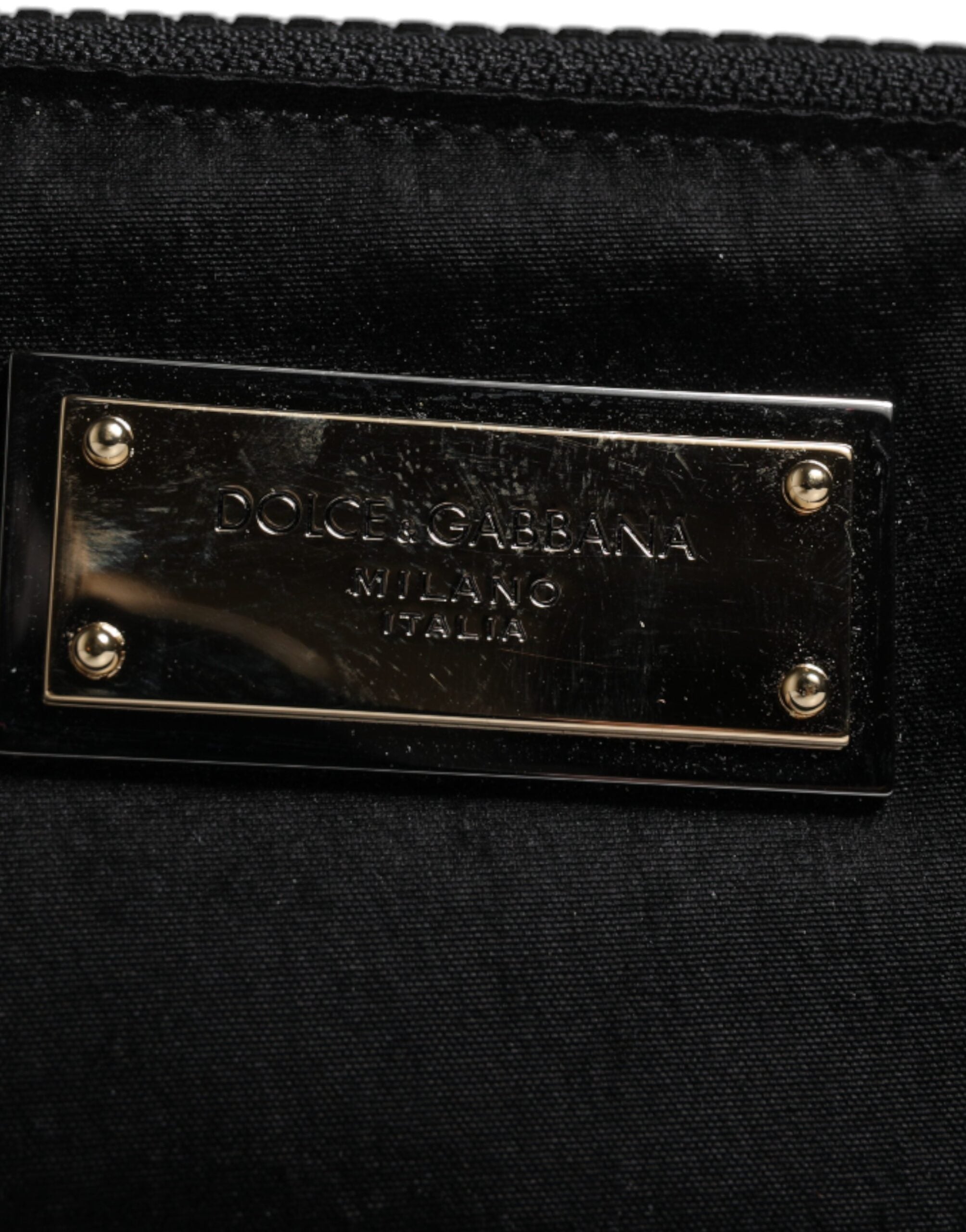 Black Nylon Logo Plaque Keyring Pouch Clutch Bag Leather