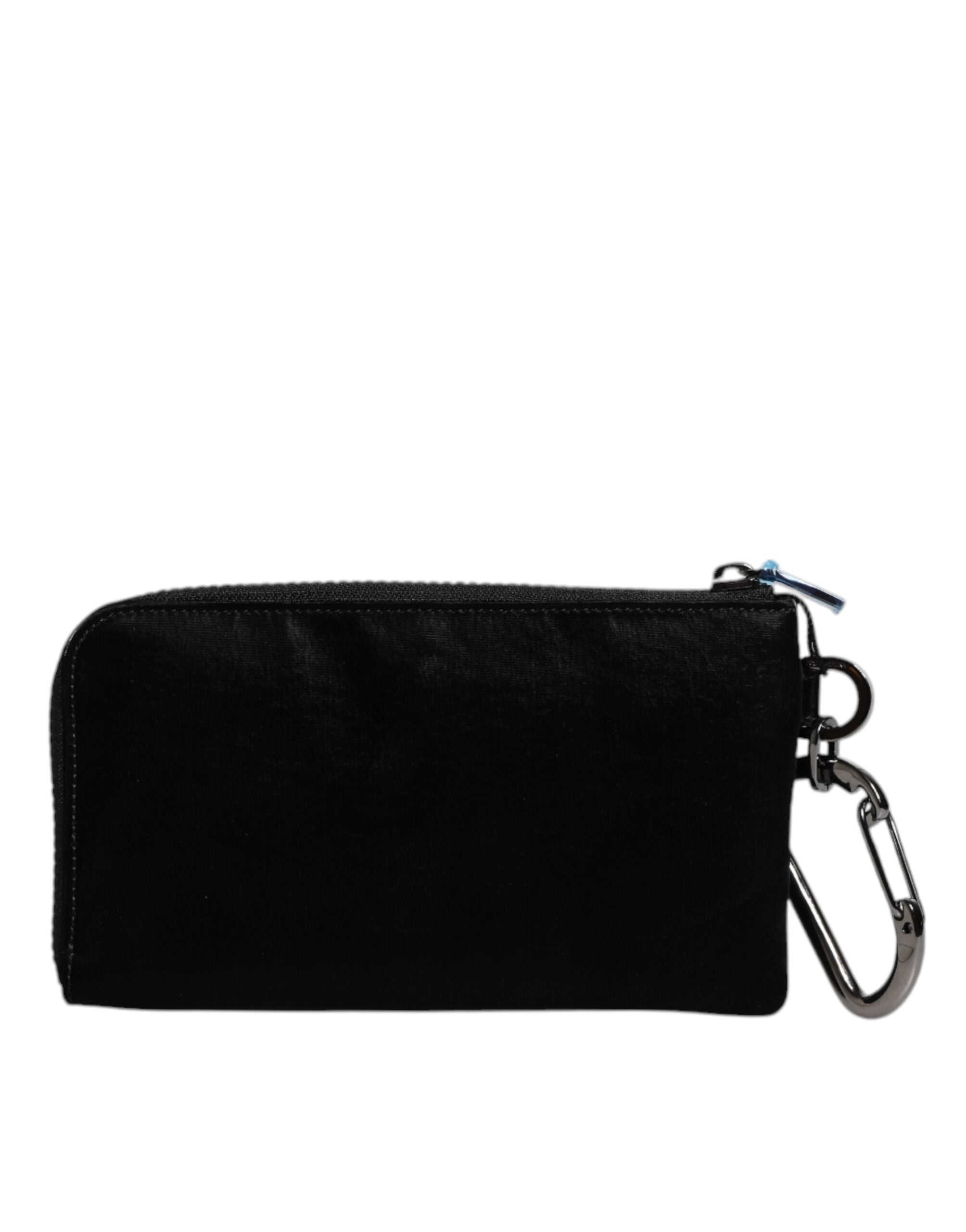 Black Nylon Logo Plaque Keyring Pouch Clutch Bag Leather