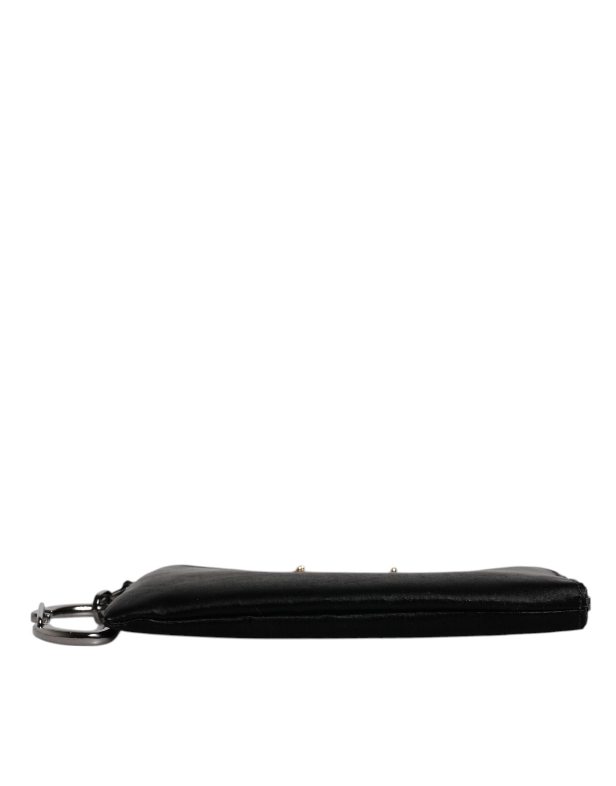 Black Nylon Logo Plaque Keyring Pouch Clutch Bag Leather