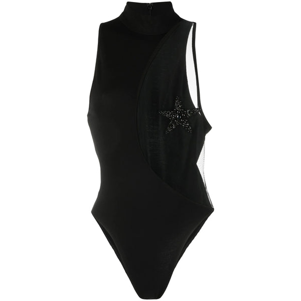 Black Bodysuit With Star Patch Detail Acrylic: 50. Vests & Tank Tops