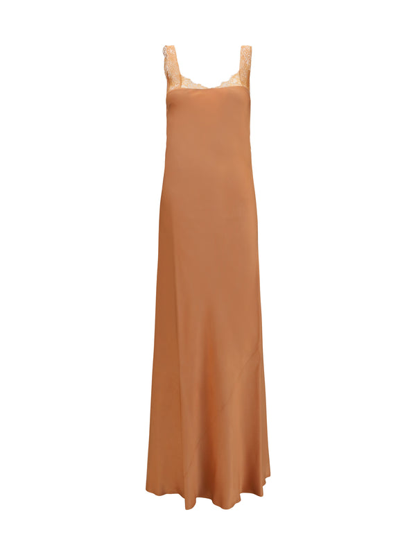 Dress Satin Maxi With Lace Trims Beige Acetate