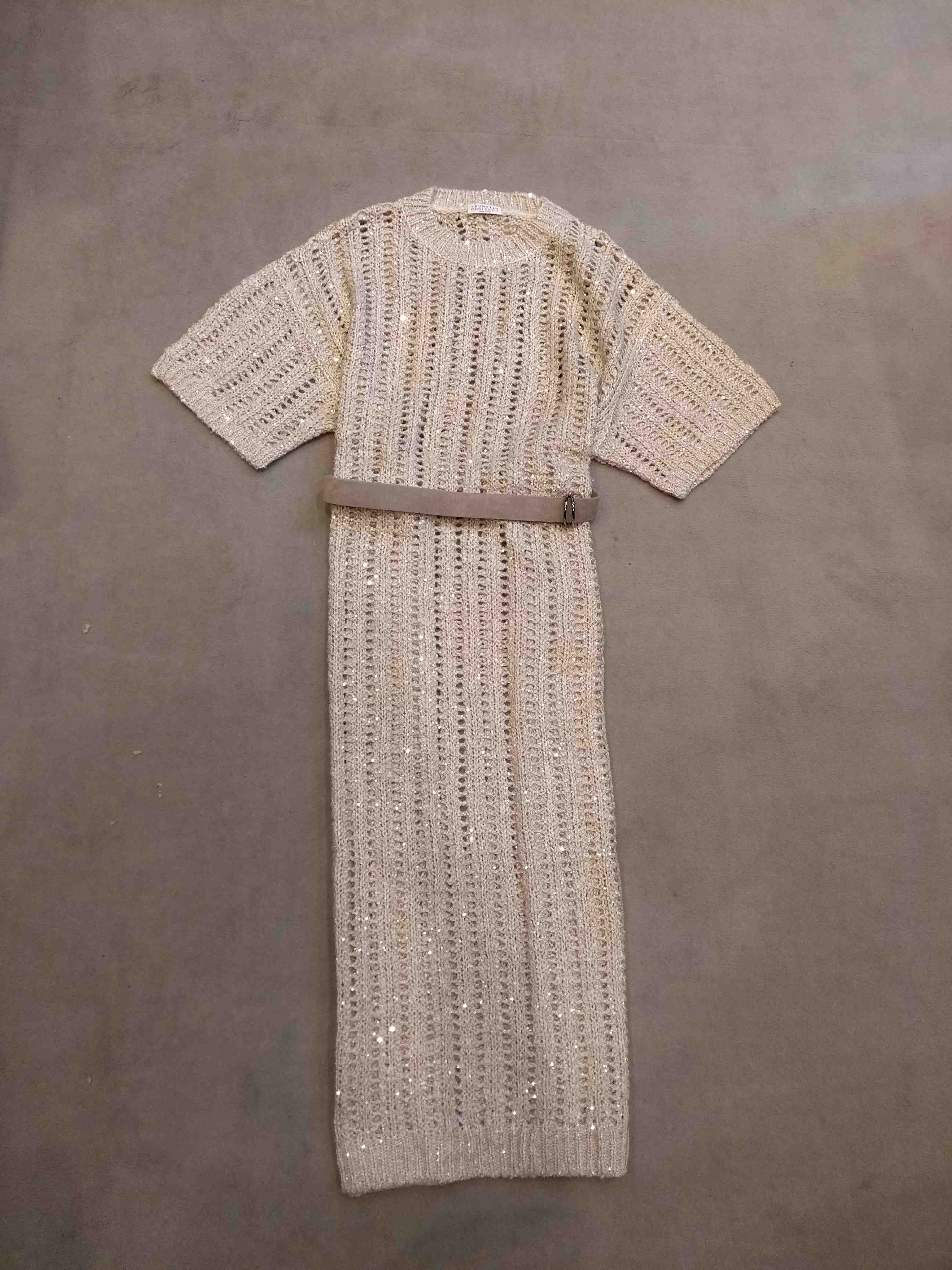 Abito Maglia Rete Lino Pajette Cpn Cintura Nude & Neutrals Silk | Dress