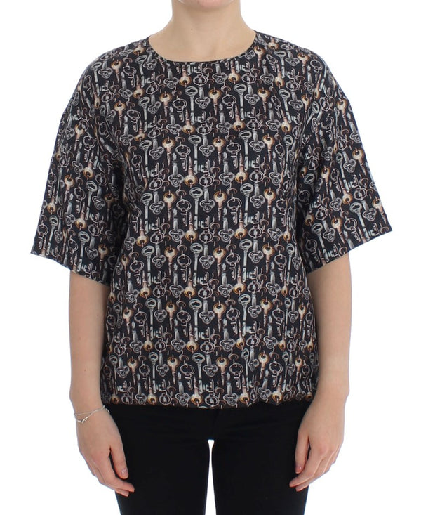 Gray Gold Key Print Silk Blouse T-Shirt