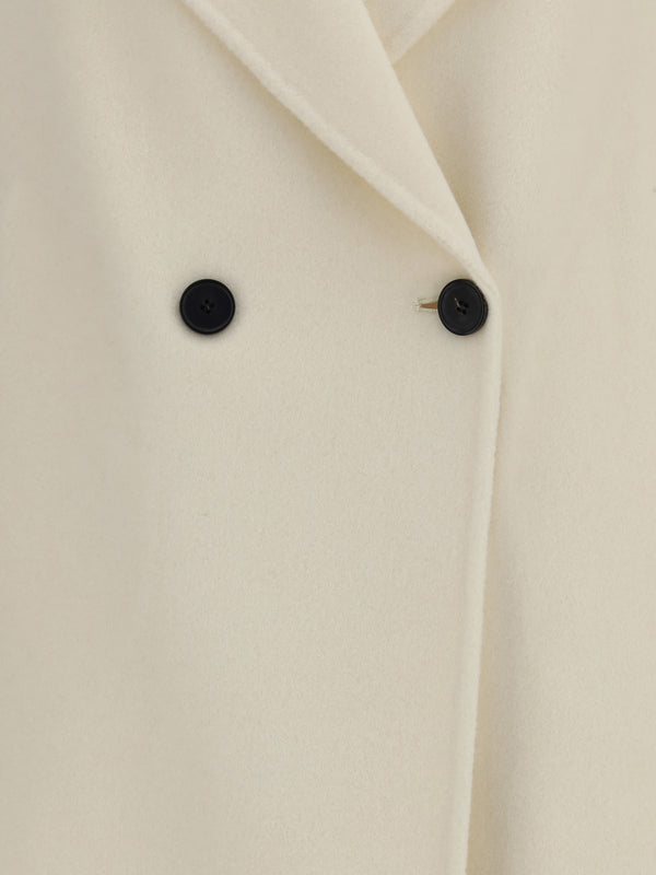 Double-Breasted Long Coat Cream Fleece Wool (ovis Aries)