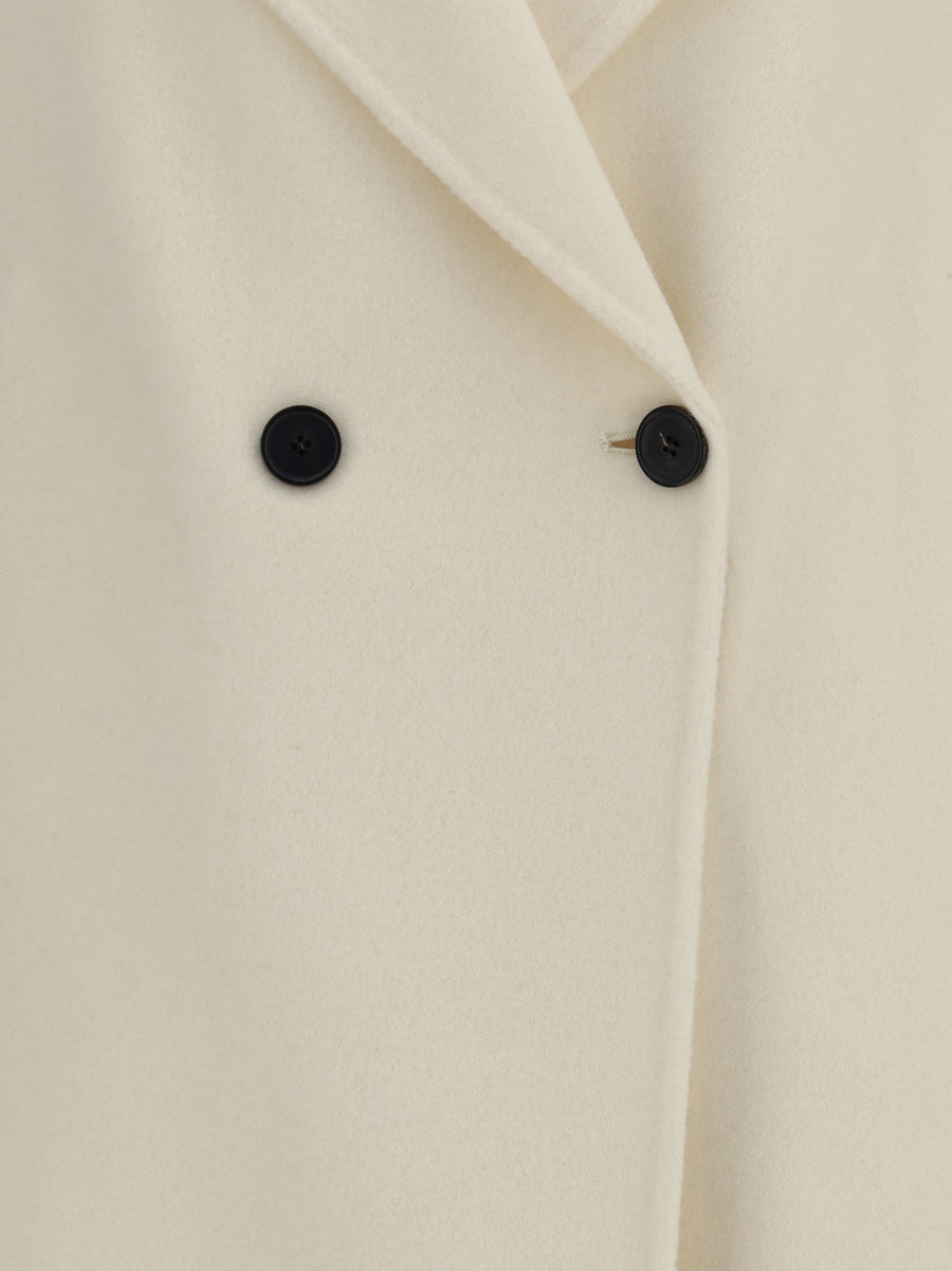 Double-Breasted Long Coat Cream Fleece Wool (ovis Aries)