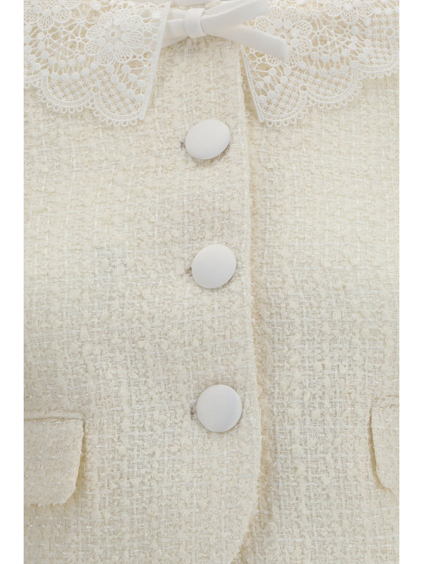 Bouclé Jacket Cream Lace Collar Polyester