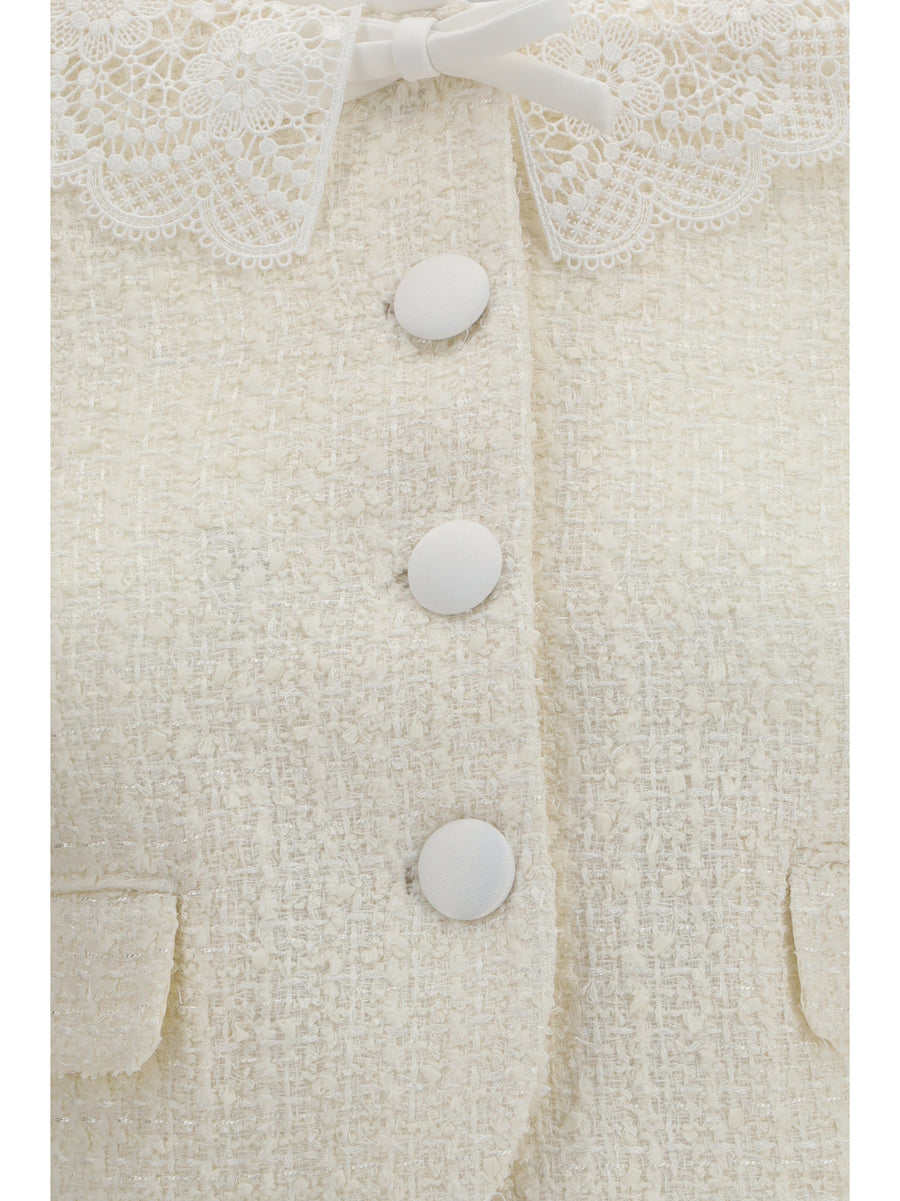 Bouclé Jacket Cream Lace Collar Polyester