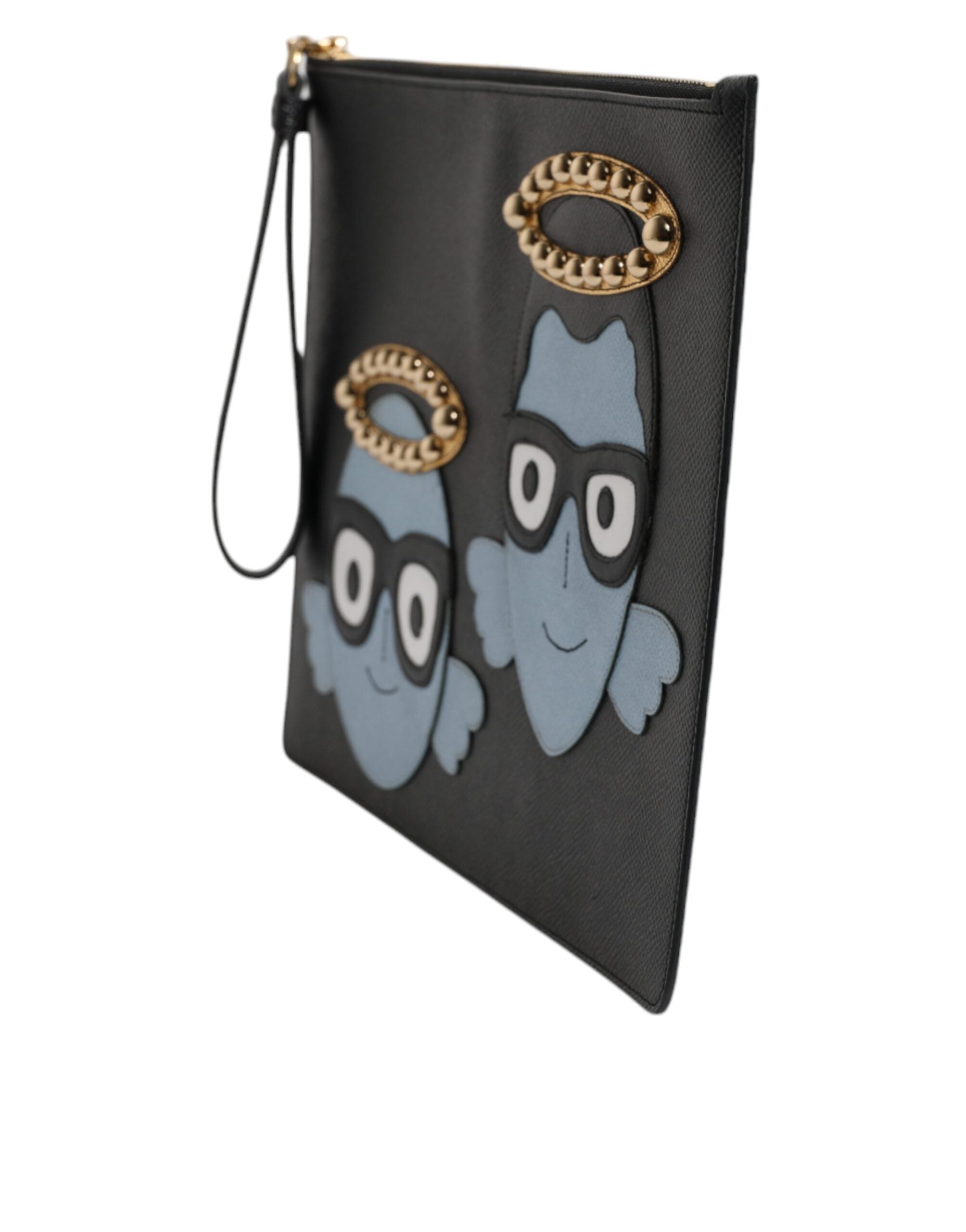 Black Leather #dgfamily Embellished Men Zip Pouch Bag And Blue