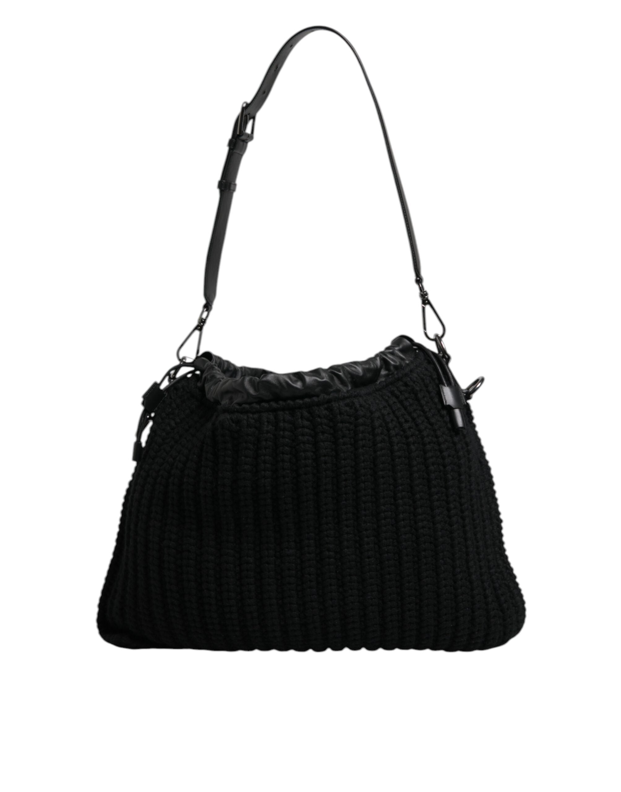 Black Cashmere Knitted Leather Shoulder Bag Lamb Calf