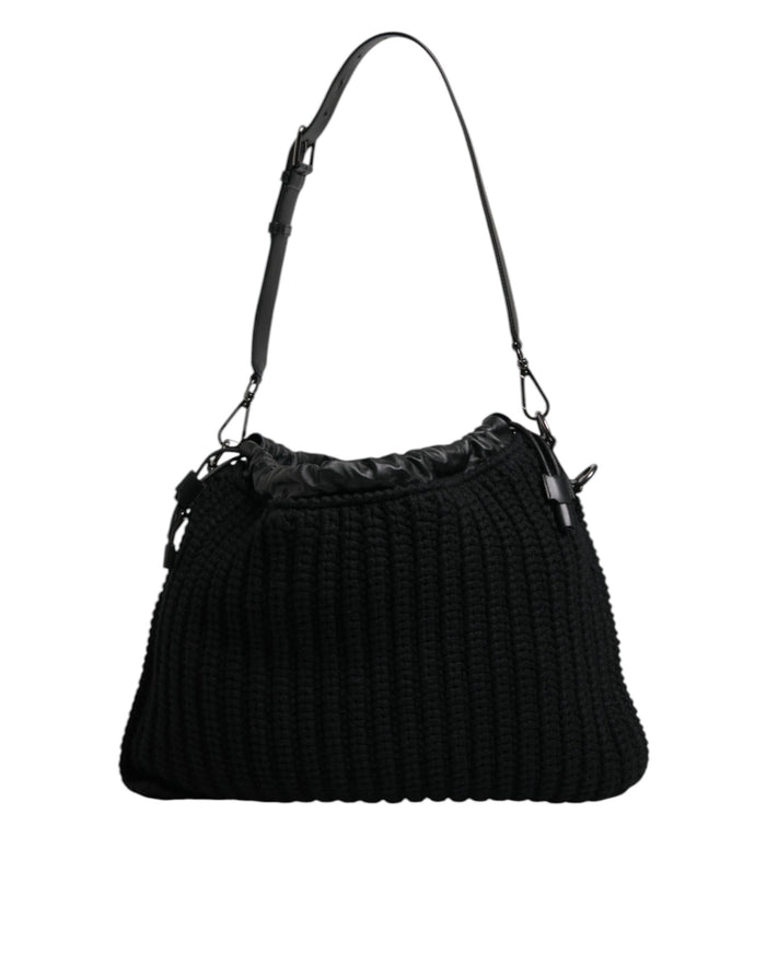 Black Cashmere Knitted Leather Shoulder Bag Lamb Calf