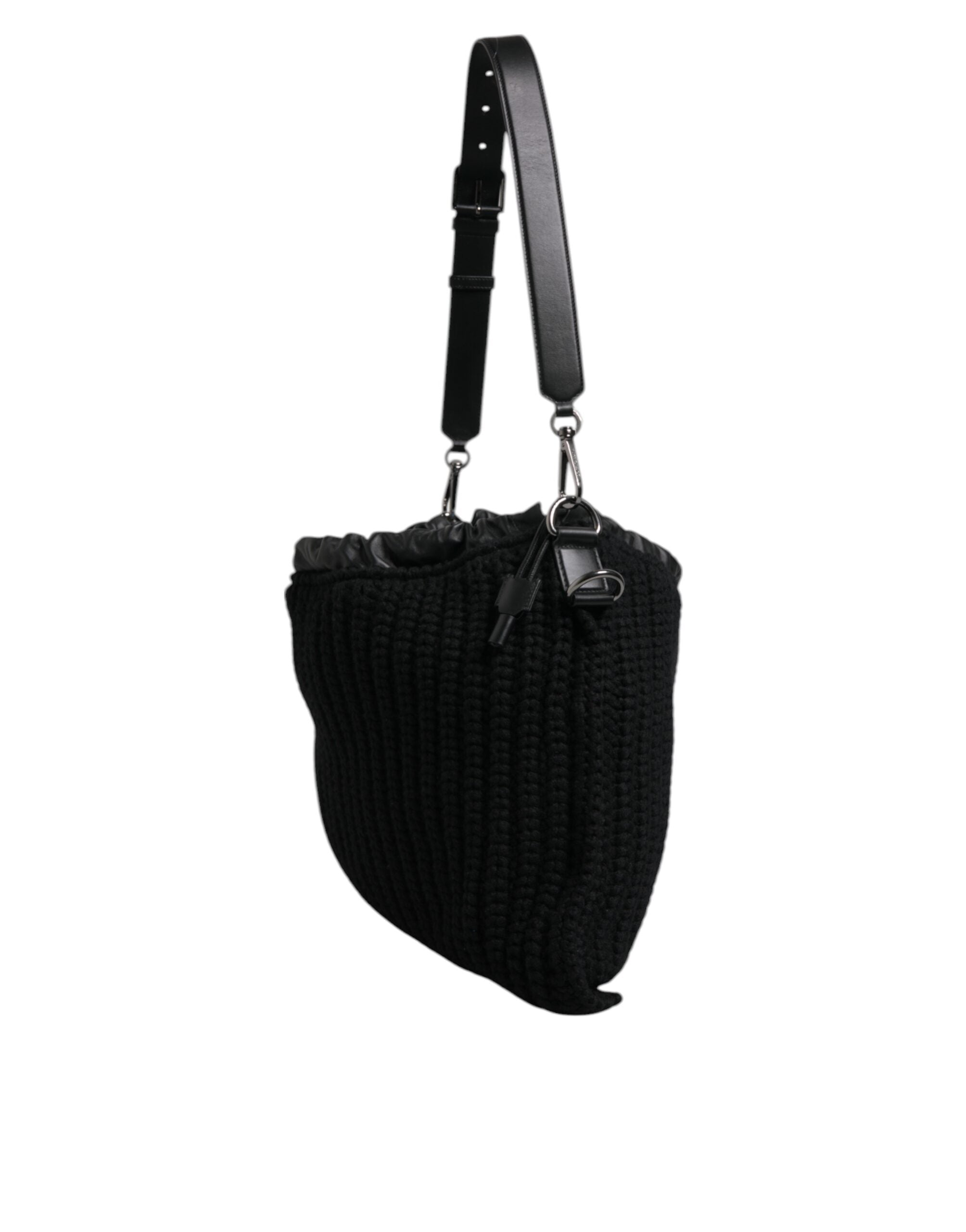 Black Cashmere Knitted Leather Shoulder Bag Lamb Calf