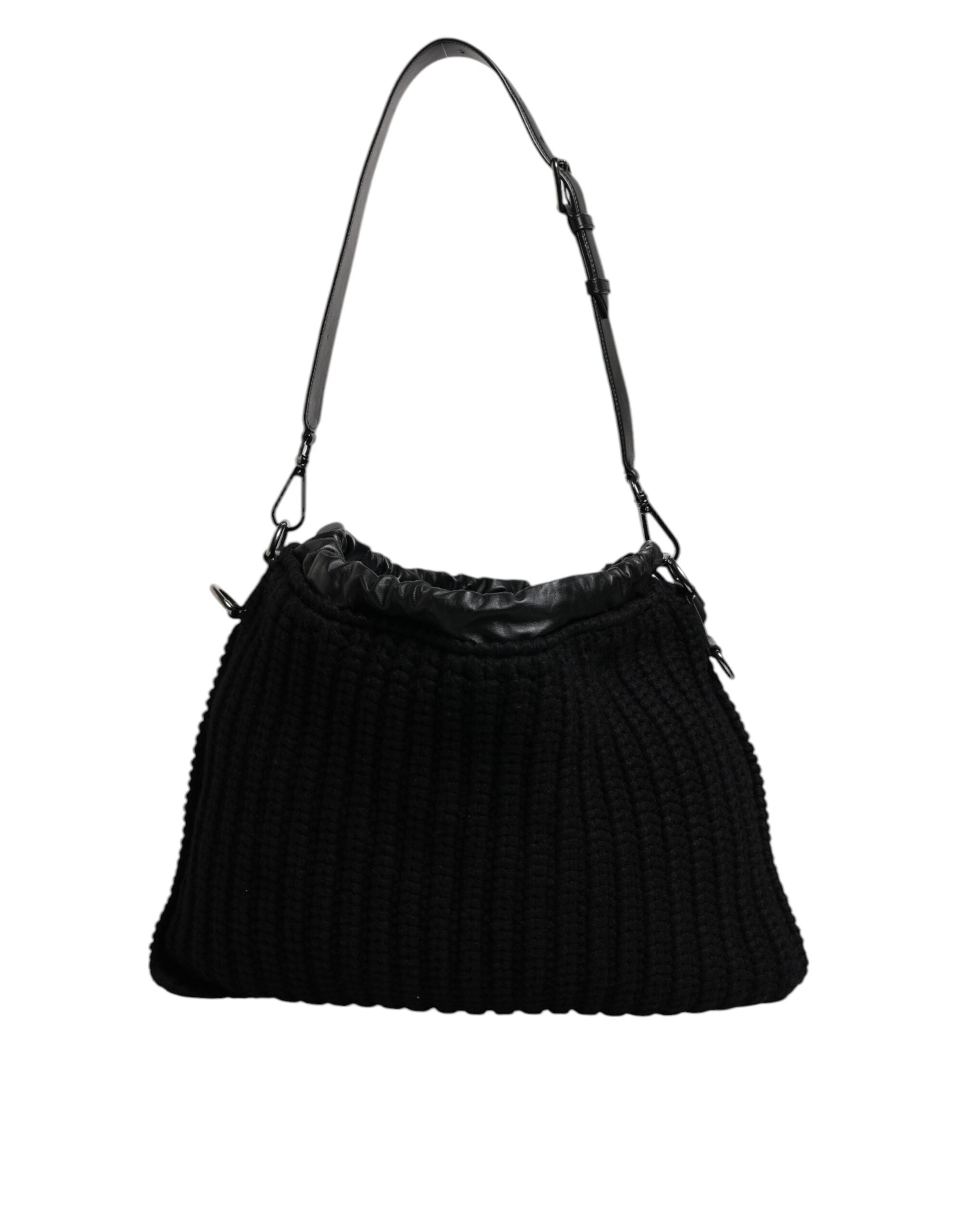 Black Cashmere Knitted Leather Shoulder Bag Lamb Calf
