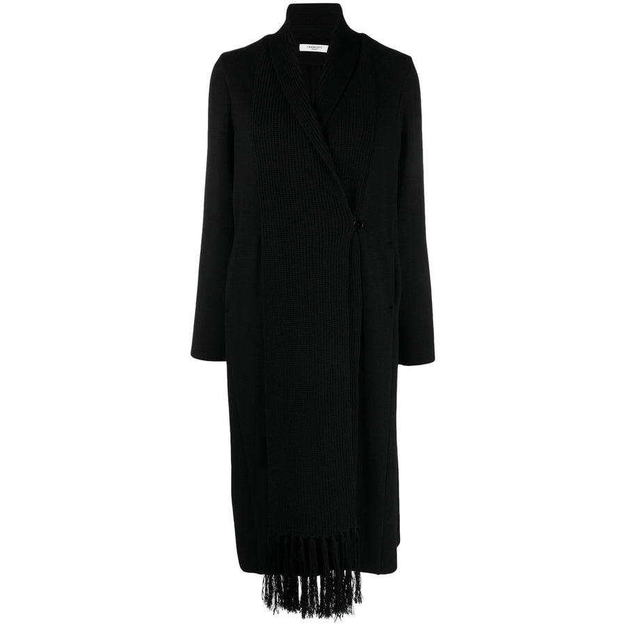 Black Wool Knitted Coat With Fringed Edge Wool: 100. Double Breasted & Peacoats
