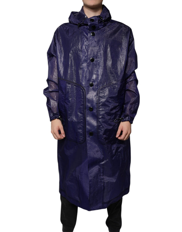 Dark Blue Cotton Hooded Men Raincoat Jacket Elastane Clothing