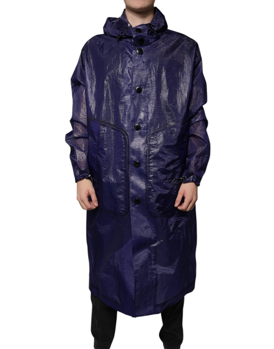Dark Blue Cotton Hooded Men Raincoat Jacket Elastane Clothing