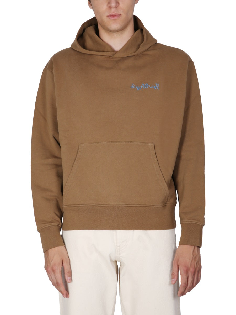 Hooded Sweatshirt With Logo Embroidery Beige Cotton Sweatshirts