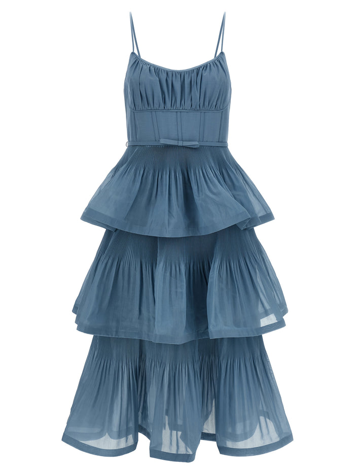 Pleated Tiered Midi dress Light Blue Polyester