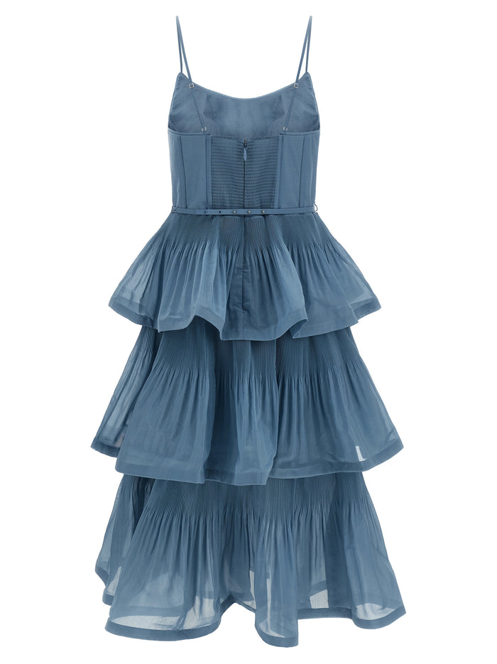 Pleated Tiered Midi dress Light Blue Polyester