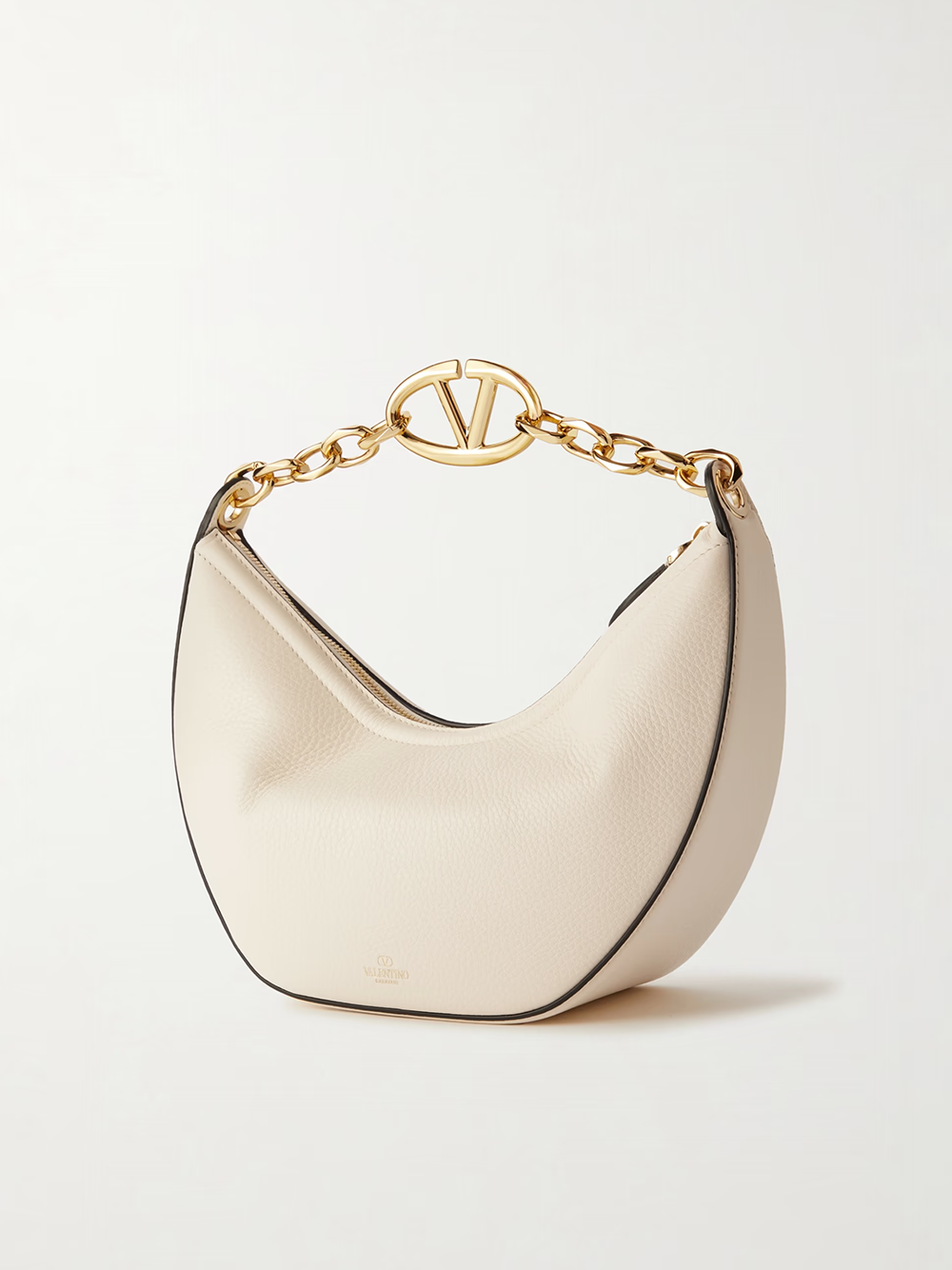 Ivory Leather Small Hobo Vlogo Shoulder Bag Black