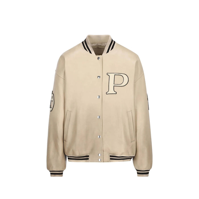 Padded Leather Varsity Jacket Ivory Calf