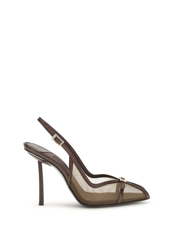 Le Silla Sole: 100% calf leather; Upper: satin and stretch mesh with hand-applied crystals pump in brown