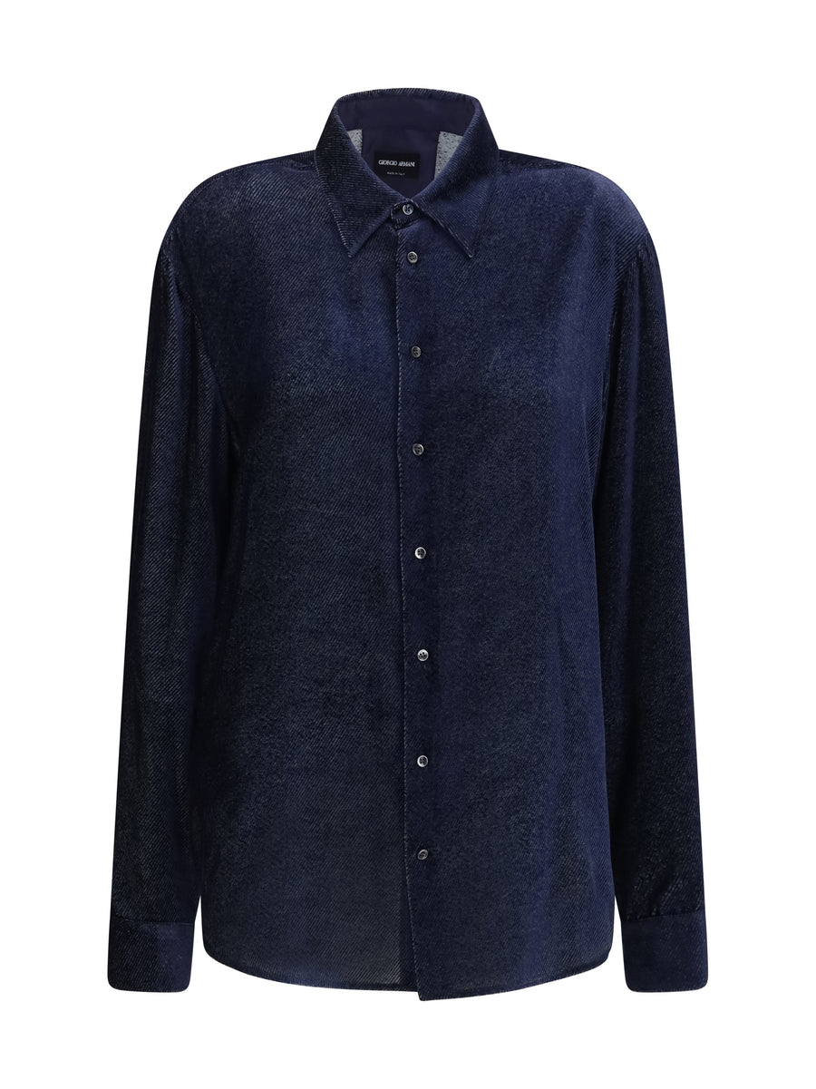 Silk Blend Devoré Velvet Twill Shirt Peacoat Silk; Viscose