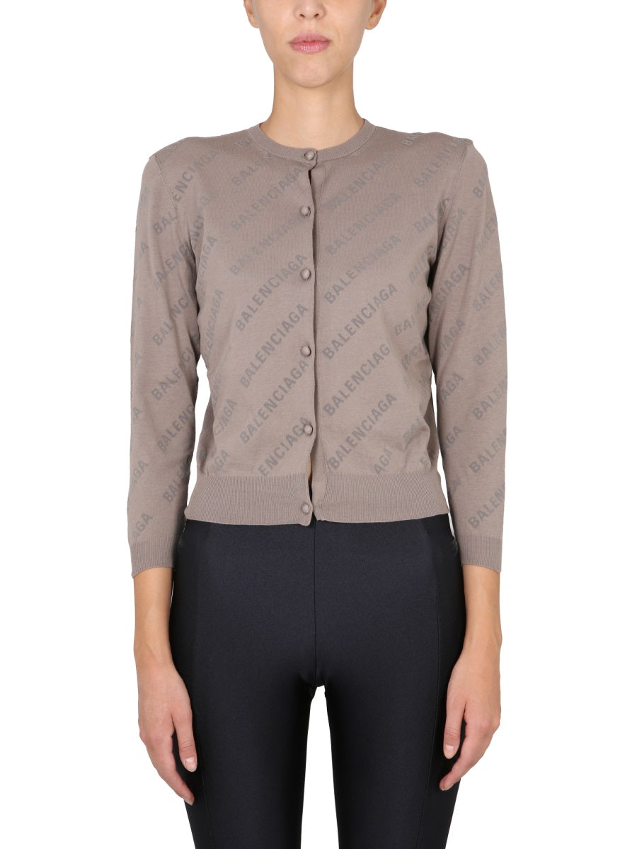 Cropped Cardigan Allover Logo Beige Cotton Jumpers