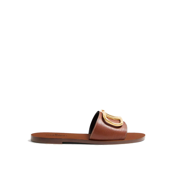 Valentino Garavani Vlogo Slide Sandals Brown Calf Leather