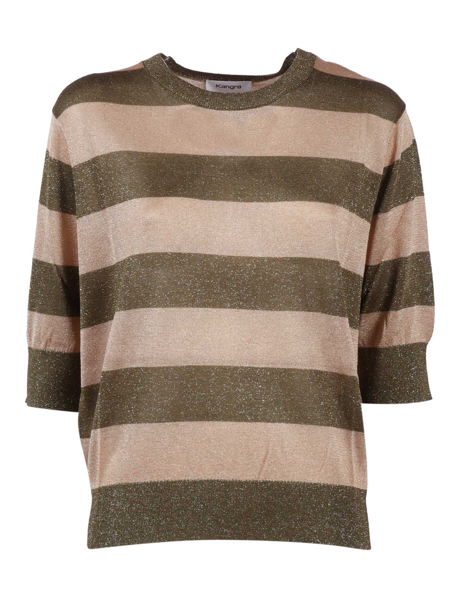 Striped Lurex Crew Neck, Short Sleeves Green Viscose Metallic Fibre Crewneck
