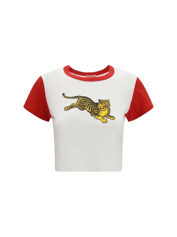 Jumping Tiger Cropped Cotton T-Shirt Off White T-shirts