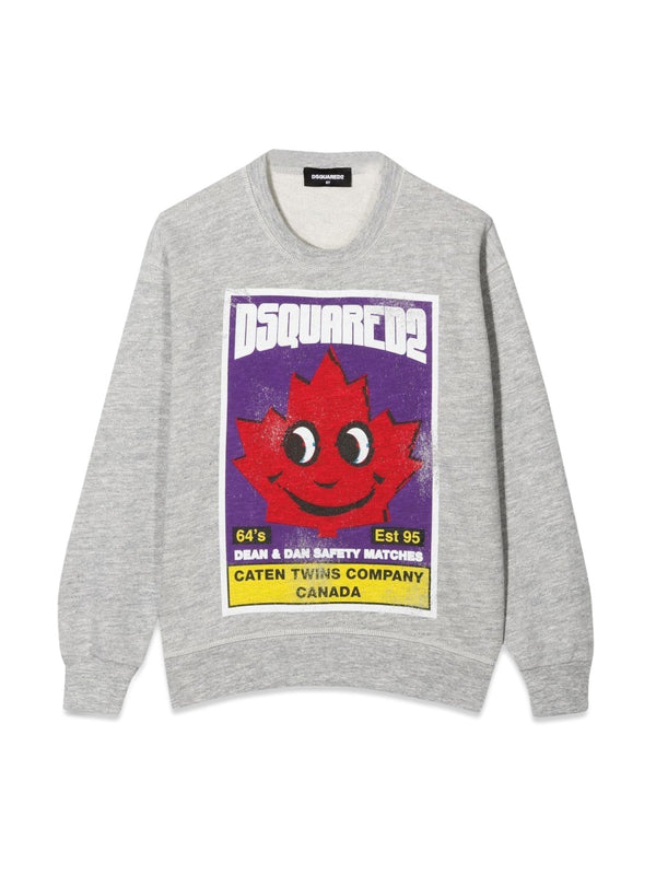 Crewneck Sweatshirt Leaf Print Grey Cotton Sweatshirts