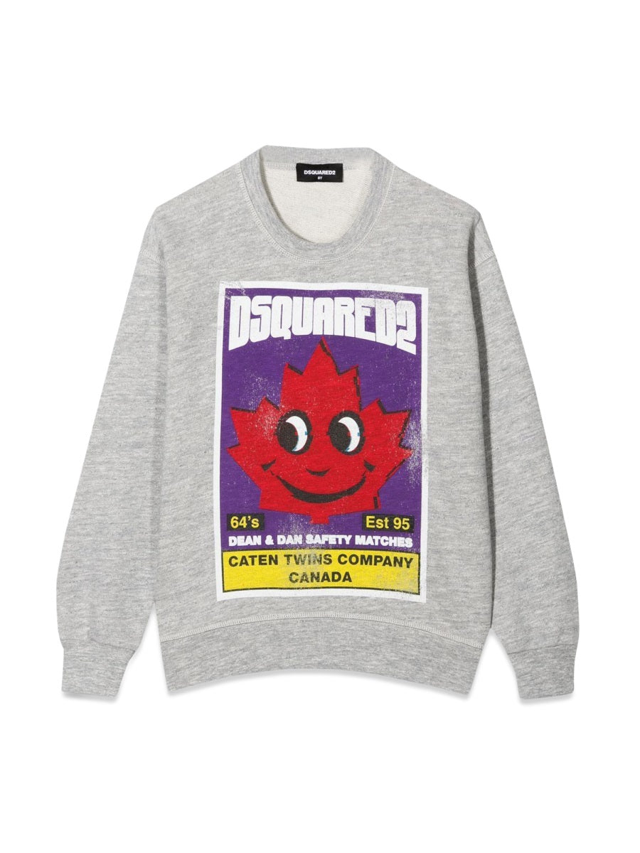 Crewneck Sweatshirt Leaf Print Grey Cotton Sweatshirts