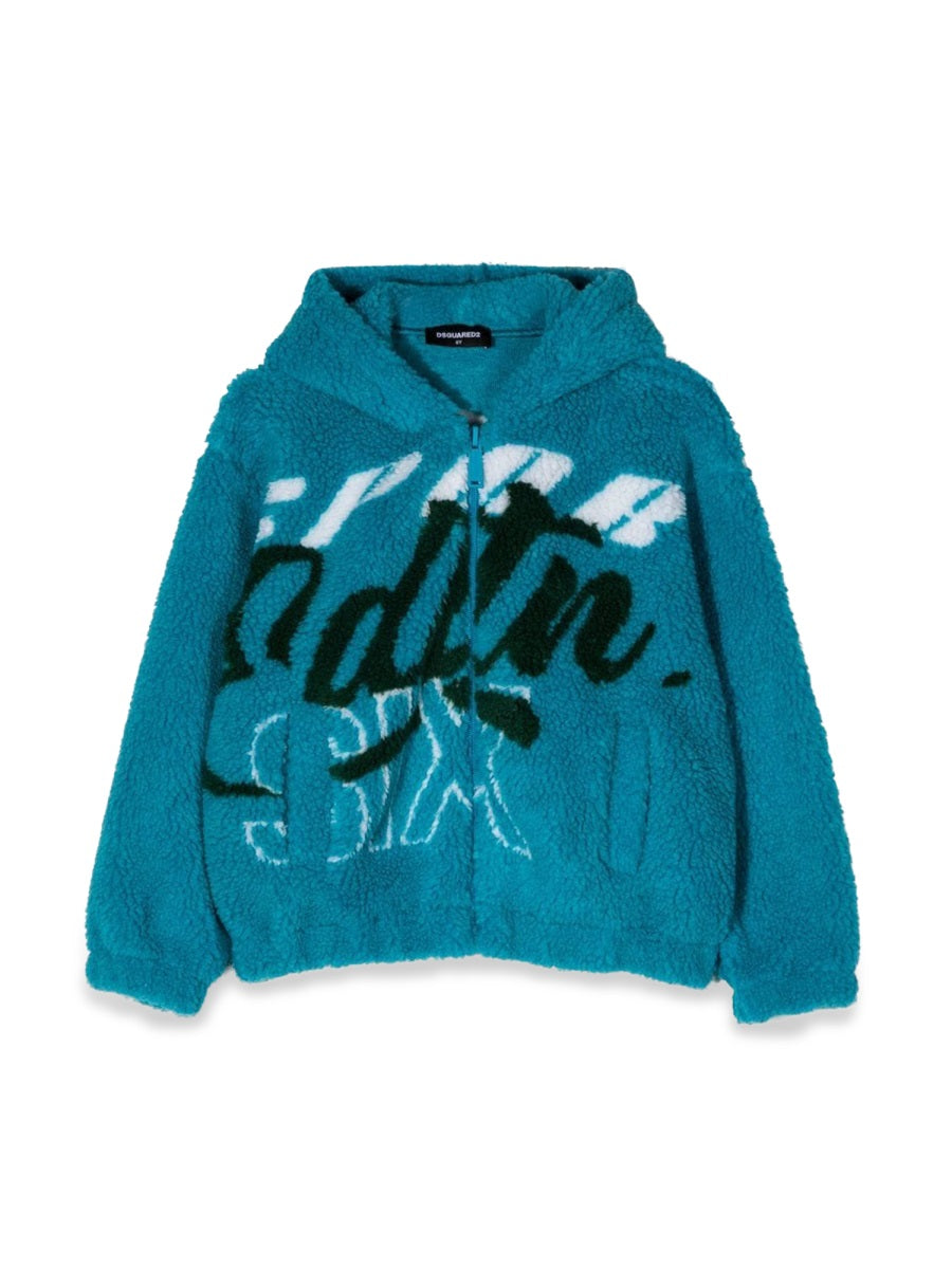 Sweatshirt Hooded Jacquard Fur Zip-Up Azure Polyester Sweatshirts