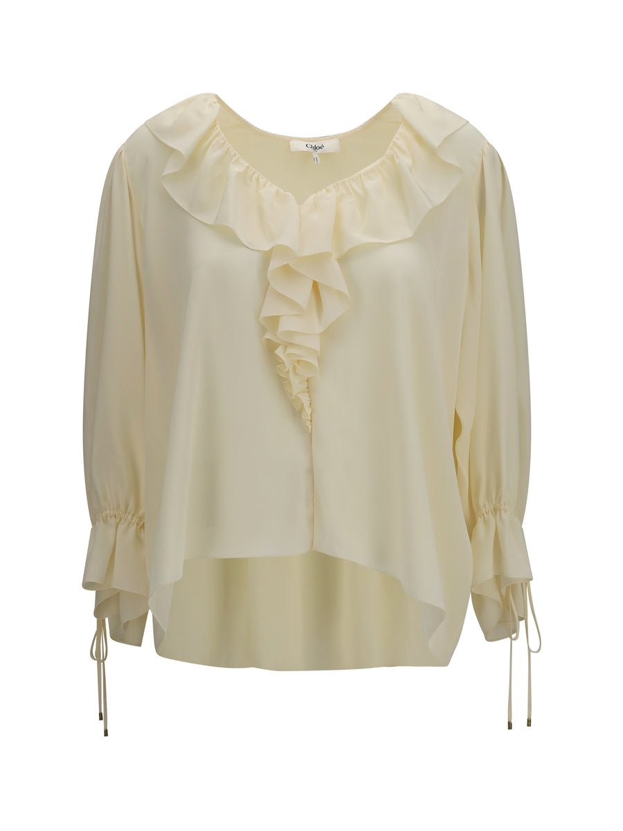 Shirt Ruffled V-Neck Pristine White Silk