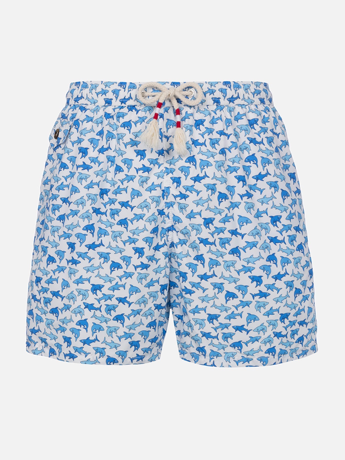 Man Lightweight Fabric Swim-Shorts Lighting 70 With Sharks Print White Swimshort