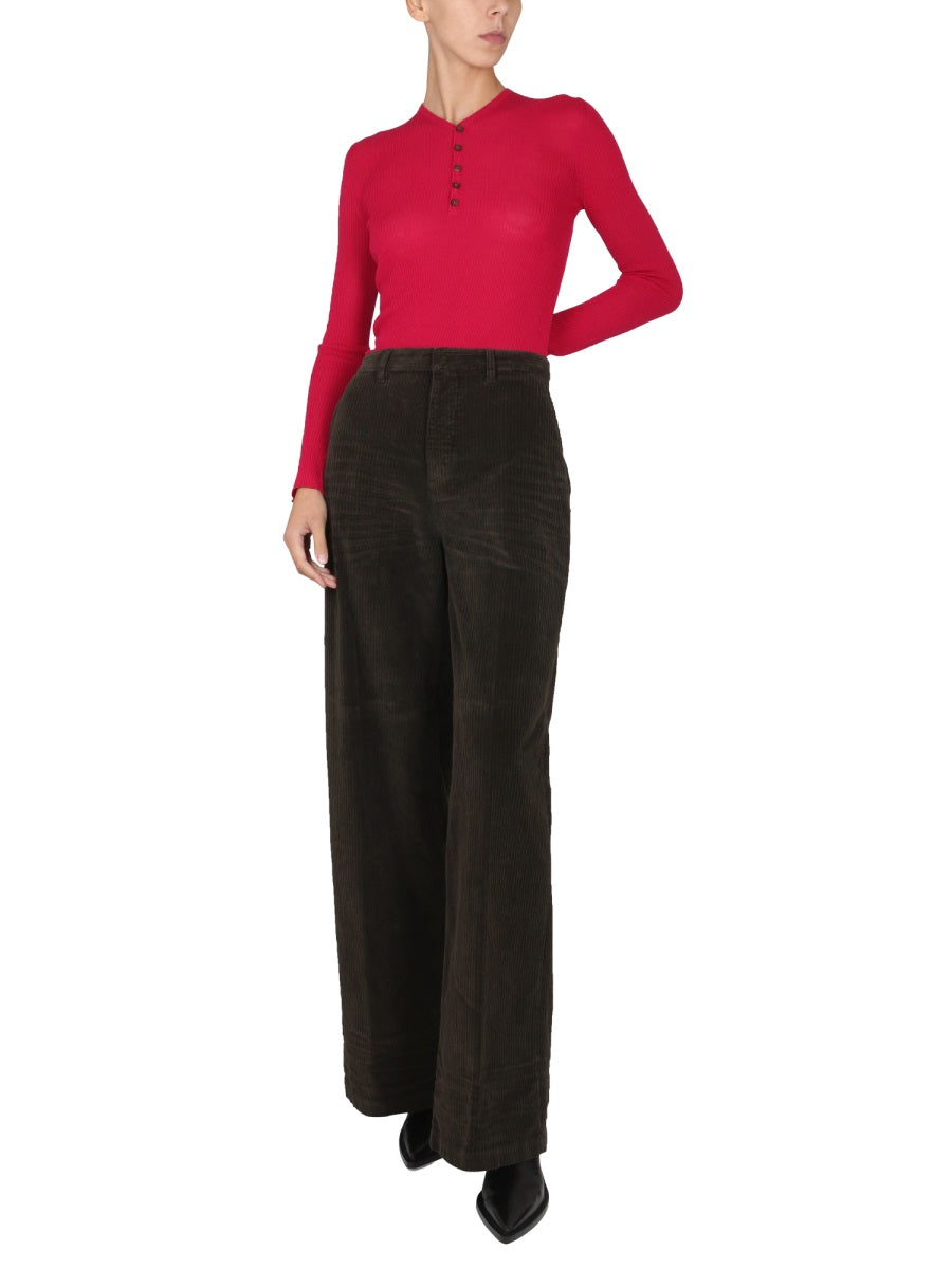 Wide Leg Pants Dark Brown Cotton Elastane Trousers