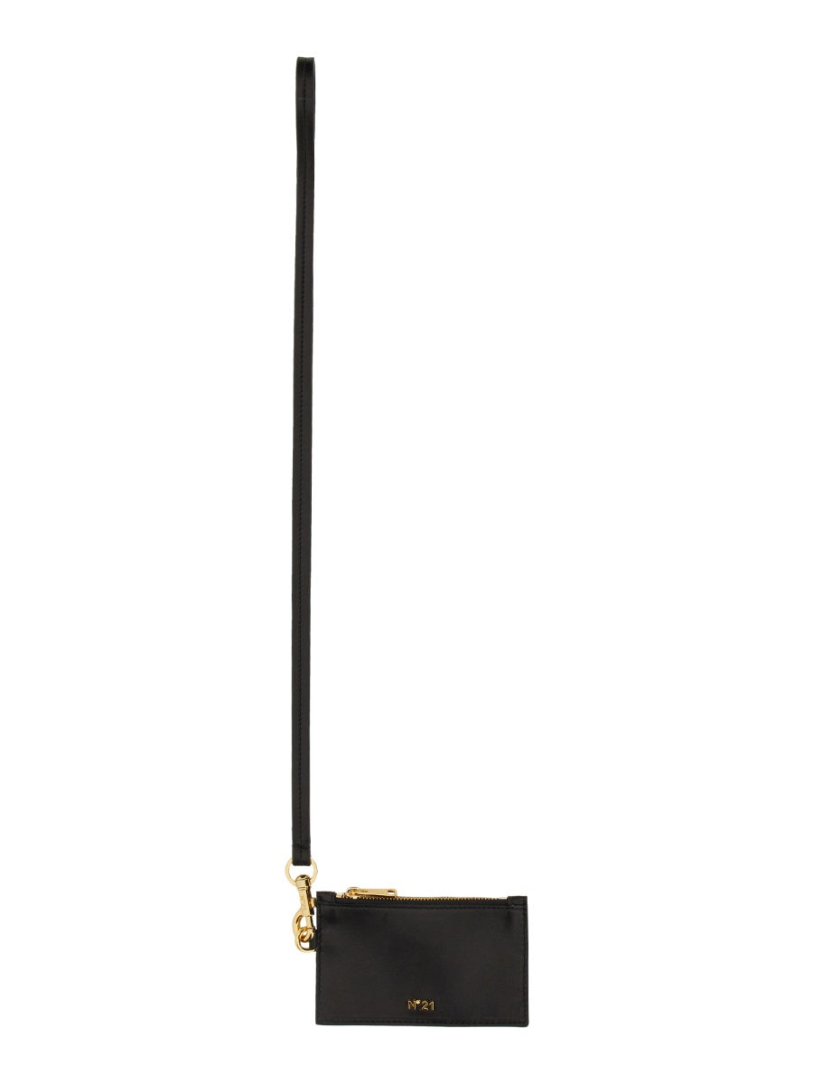 Card Holder With Shoulder Strap Black Leather Wallets & Purses