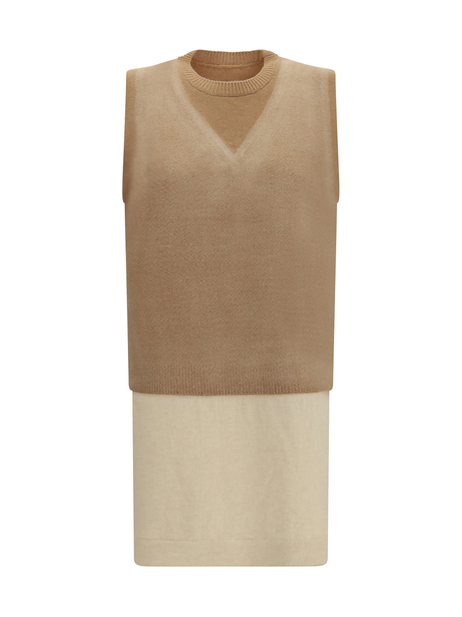Knit Vest Double-Layer Merino Wool Camel/ecru Knitwear