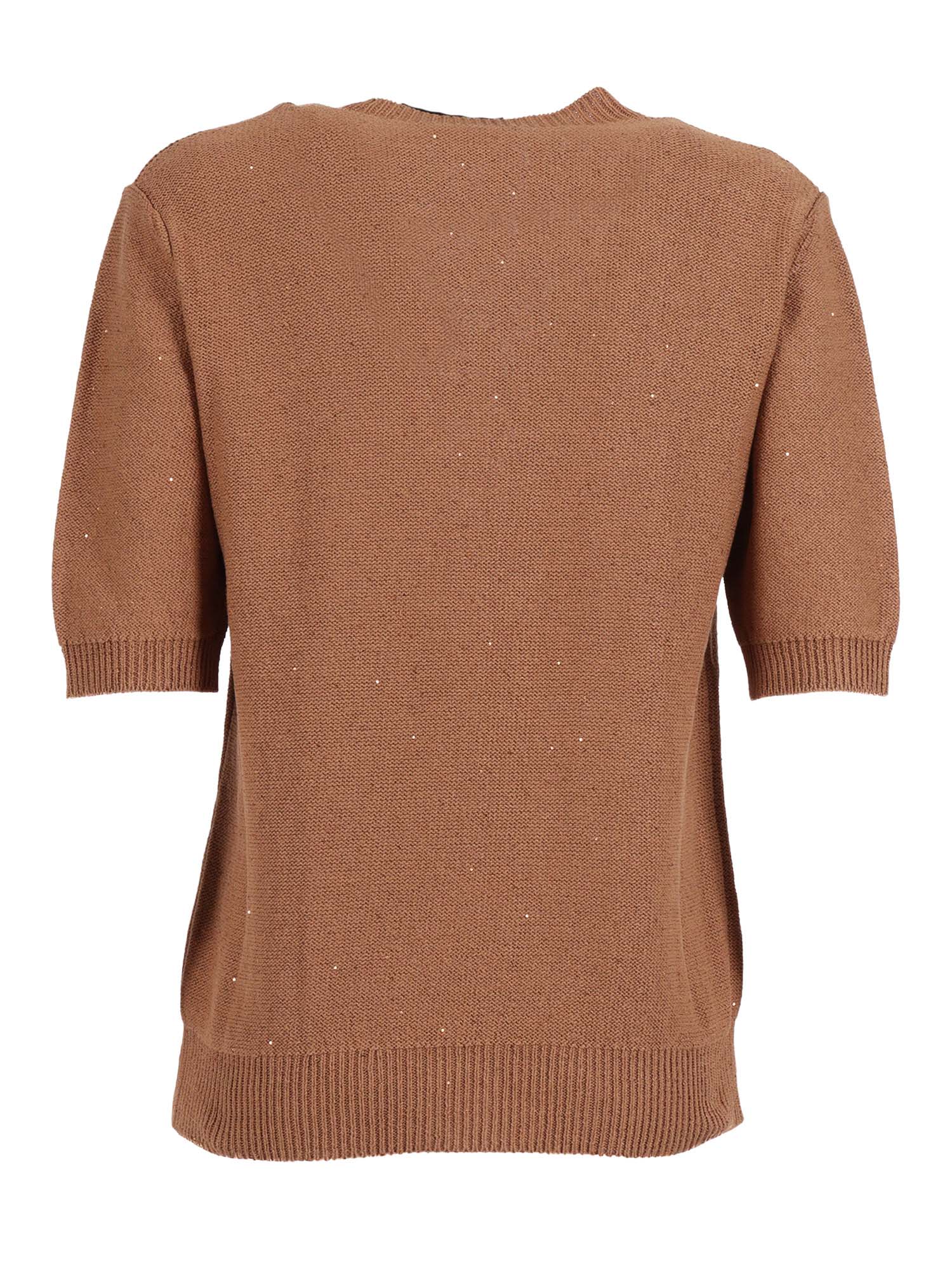 SEQUIN SHORT SLEEVE CREW NECK SWEATER Beige Cotton Linen Polyester Crewneck