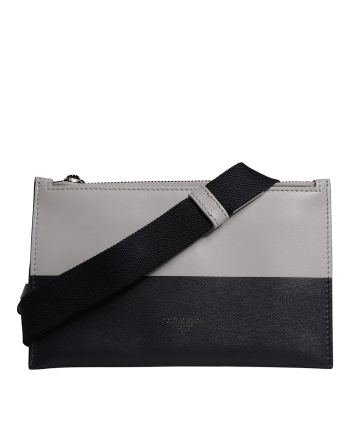 Black White Leather Logo Embossed Crossbody Bag And Calfskin Viscose Polyester