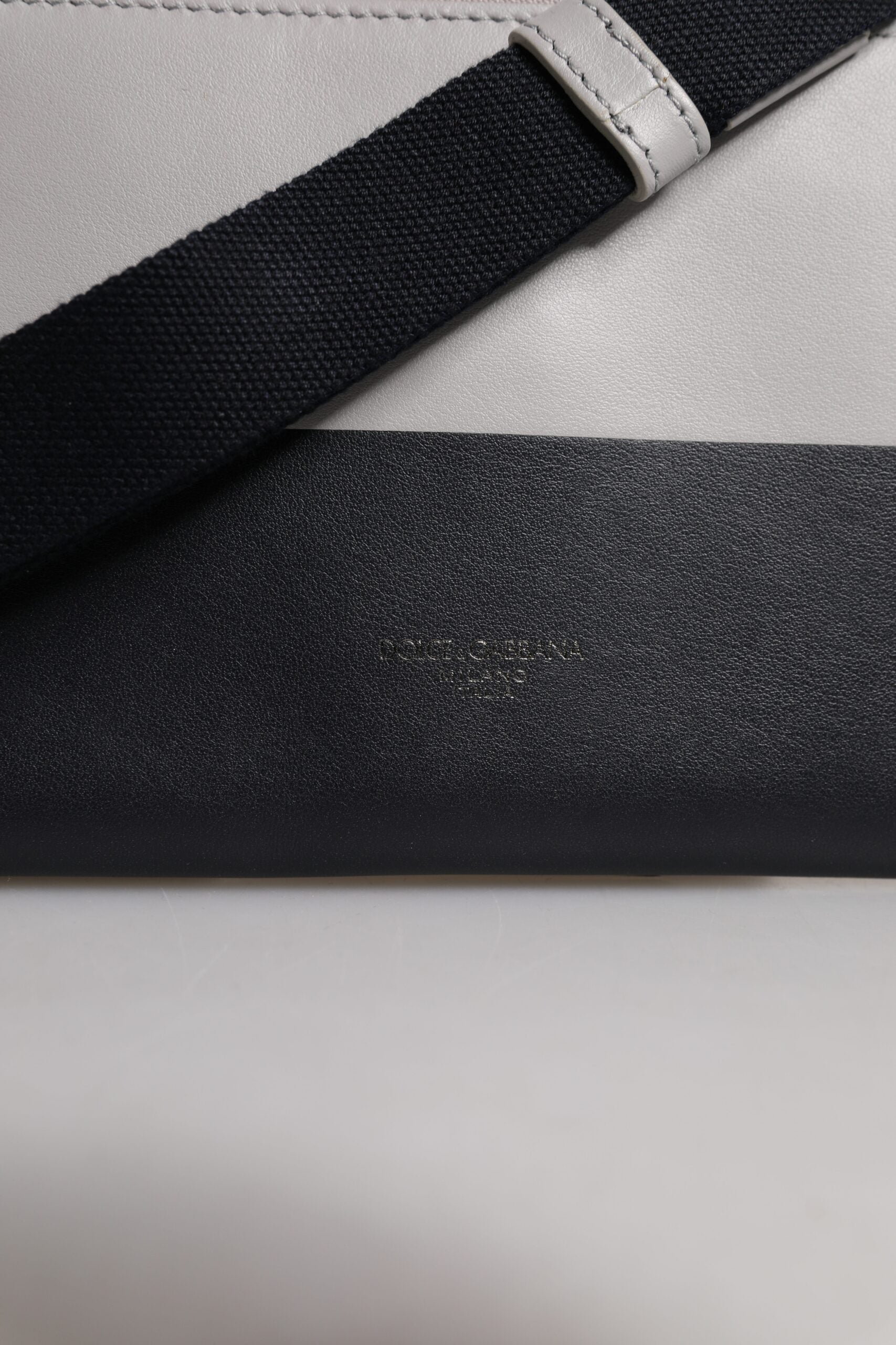 Black White Leather Logo Embossed Crossbody Bag And Calfskin Viscose Polyester