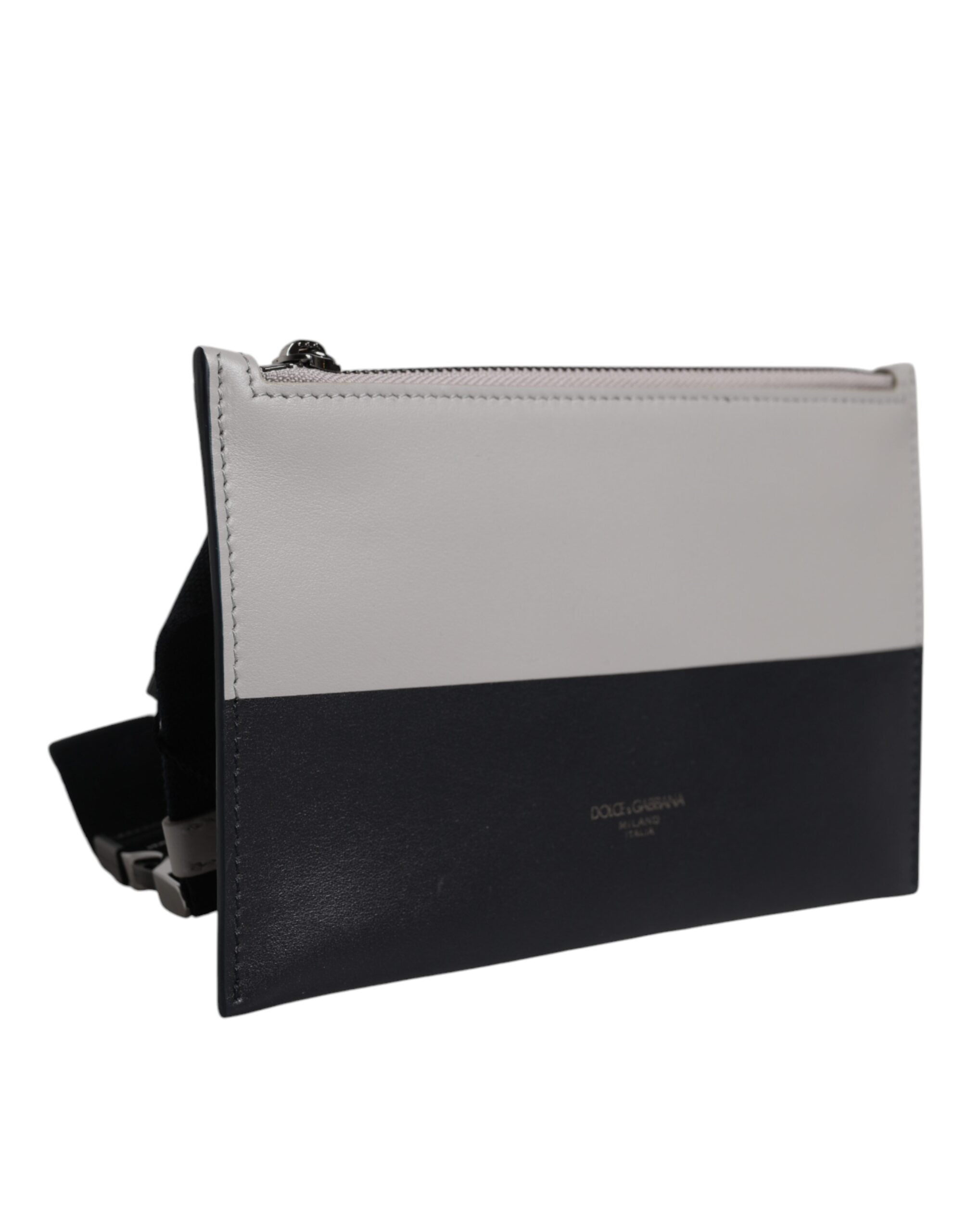 Black White Leather Logo Embossed Crossbody Bag And Calfskin Viscose Polyester