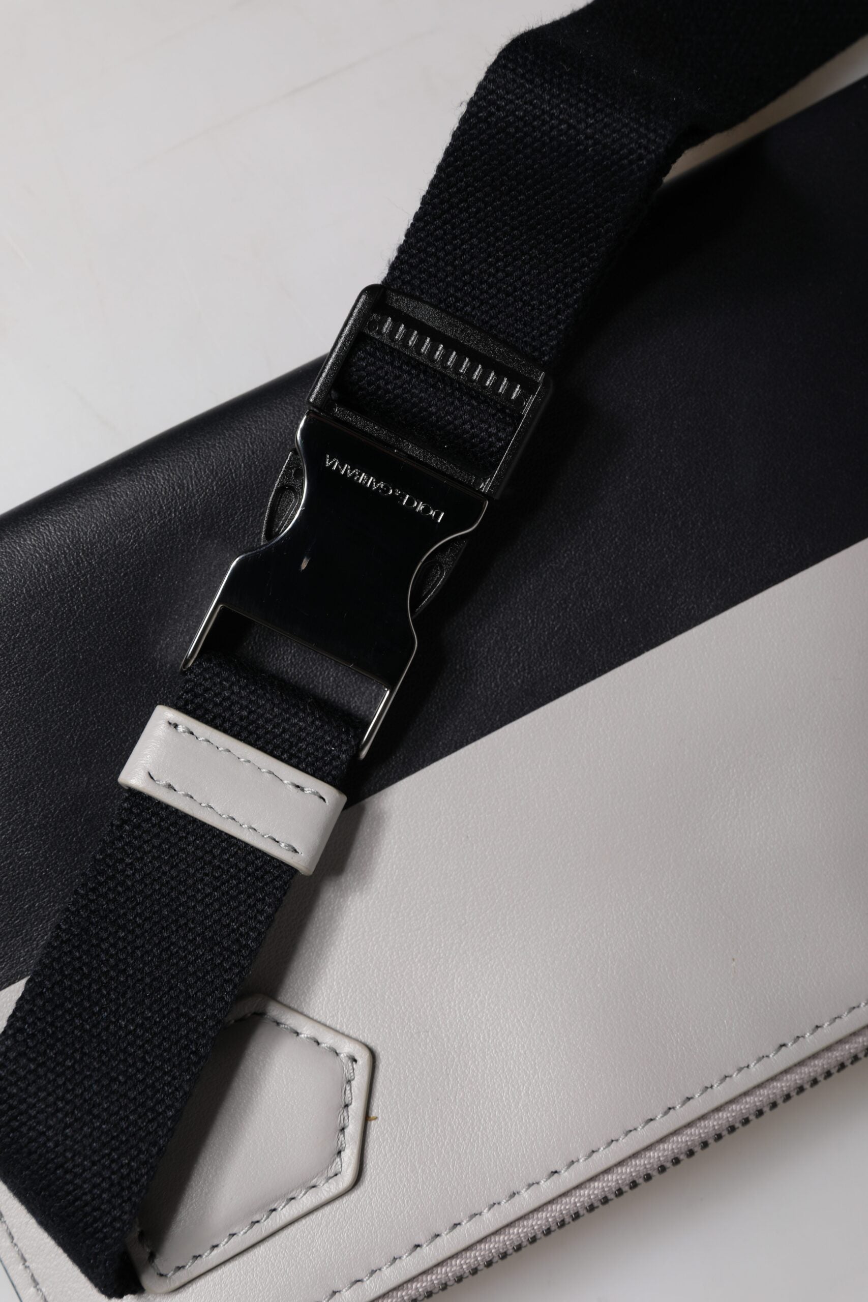 Black White Leather Logo Embossed Crossbody Bag And Calfskin Viscose Polyester