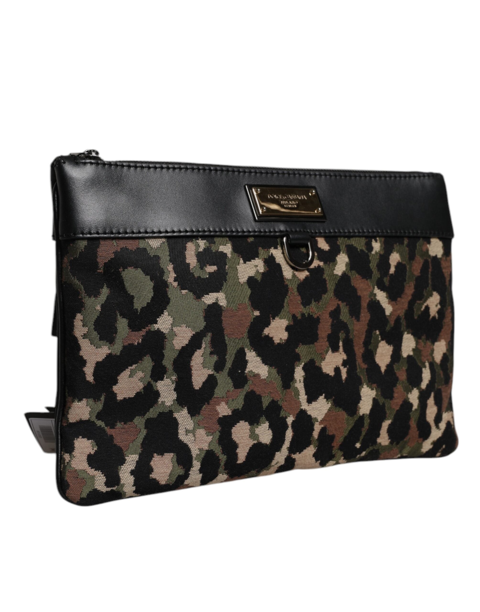 Multicolor Leopard Jacquard Print Logo Plaque Pouch Bag Cotton