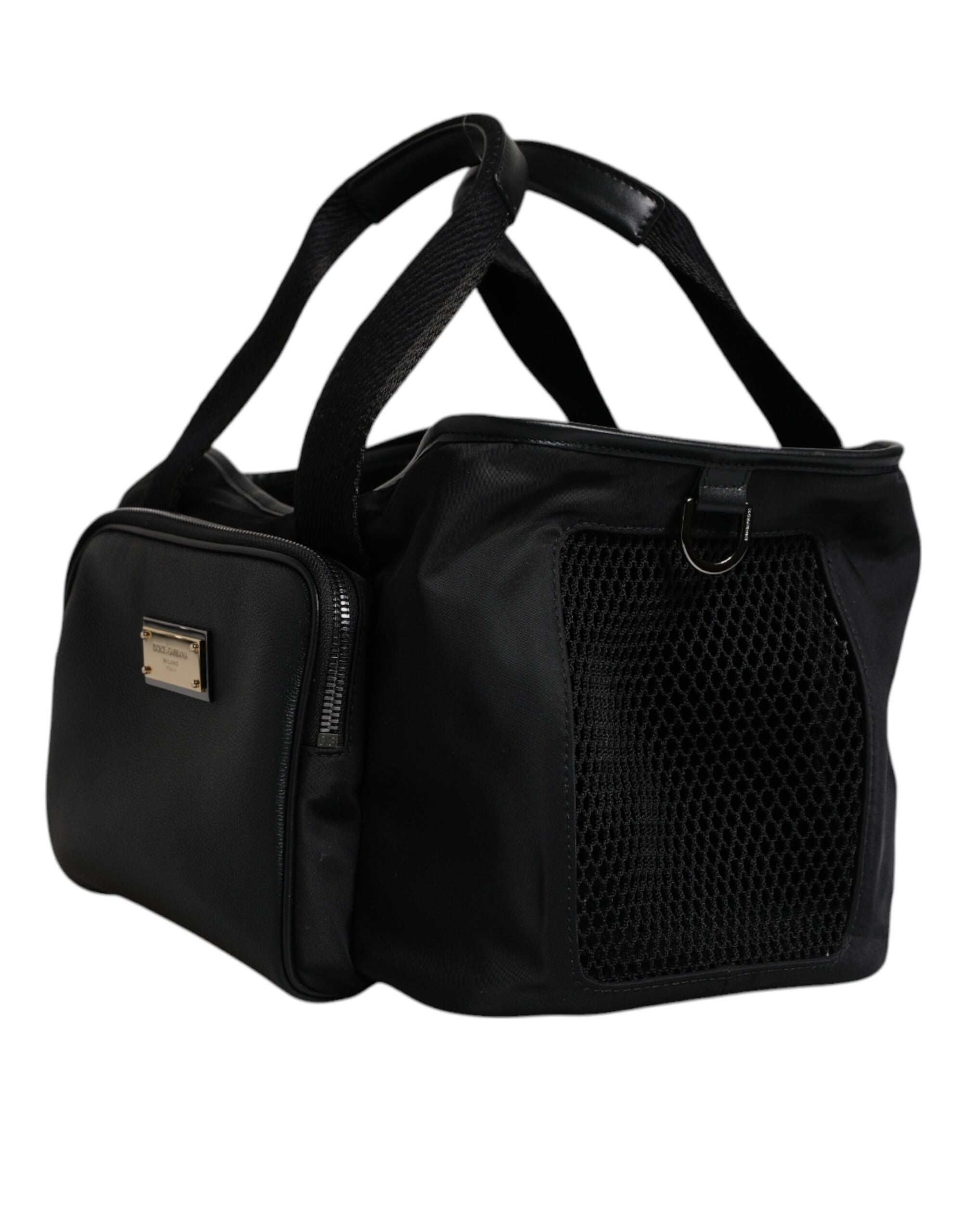 Black Shoulder Strap Pet Carry Logo Plaque Bag Nylon Leather Acrylic