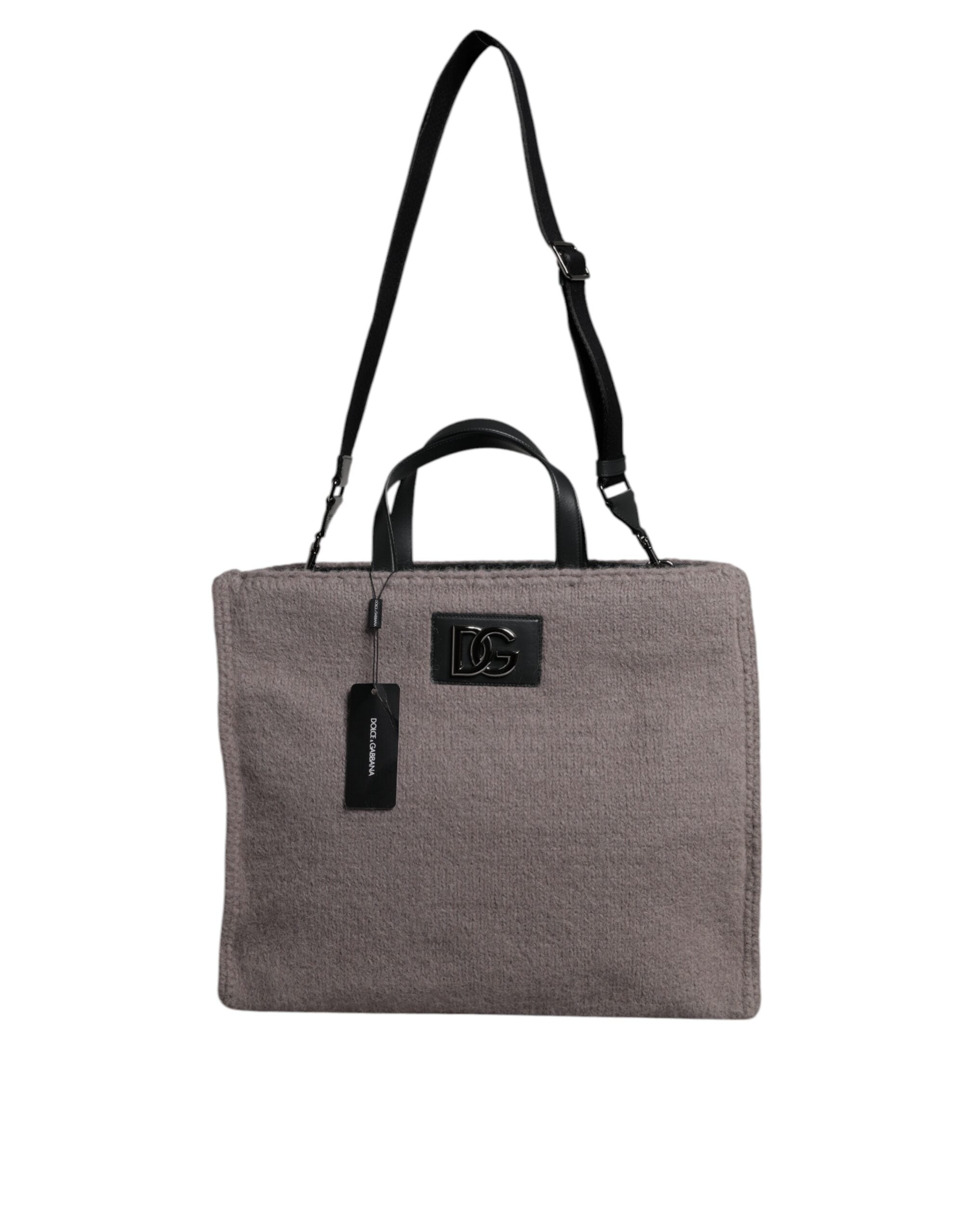 Grey Alpaca Wool Logo Plaque Tote Shoulder Bag Gray